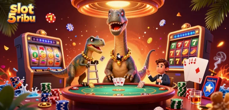 Experience the thrill of slot 5 ribu with a playful dinosaur dealing cards and vibrant casino elements.