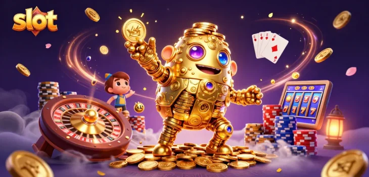Permainan slot dengan simbol yang berkilau dan karakter golem emas menarik perhatian para pemain.